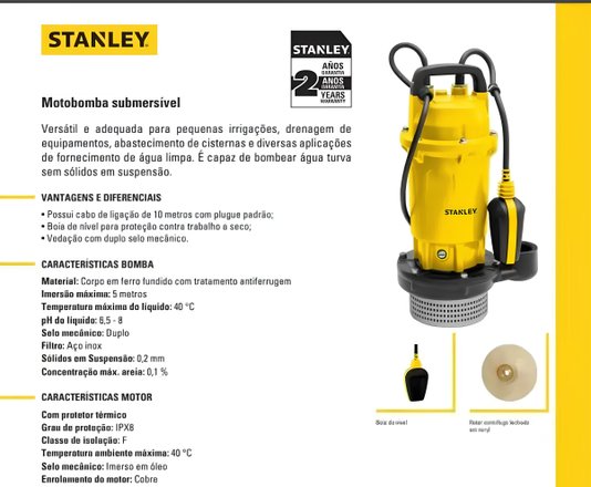 Bomba Submersivel 1/2CV 220V Para Água Turva STXWPSFQ1.52 Stanley