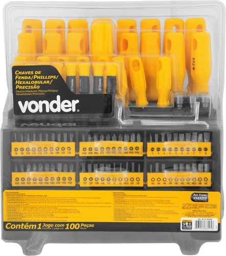 Jogo de Chaves de Fenda, Phillips, Torx, Precisão e Hexalobular 100 Peças CRV Vonder