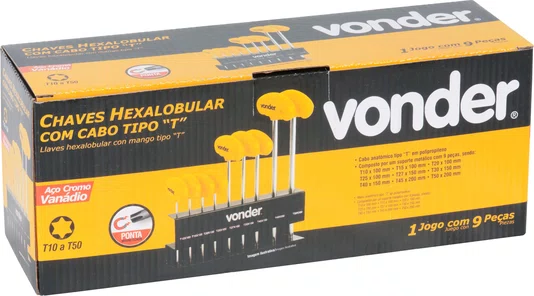 Jogo de Chaves Hexalobulares com Cabo 9 Peças T10 a T50 Vonder