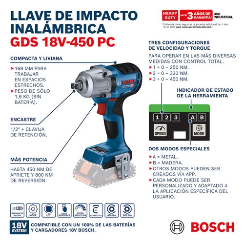 Chave de Impacto 18V Bosch GDS 18V-450PC 1/2" 450Nm Sem Bateria