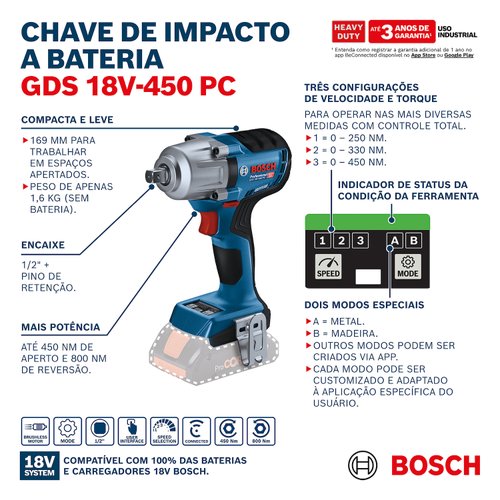 Chave de Impacto 18V Bosch GDS 18V-450PC 1/2" 450Nm Sem Bateria