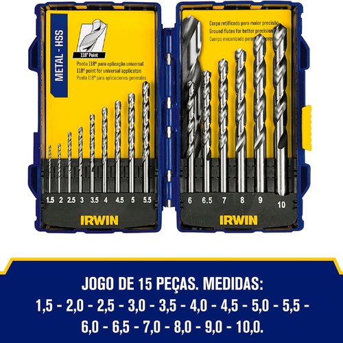 Conjunto Brocas Aço Rápido 15 Peças 1.5-10mm 1865314 Irwin