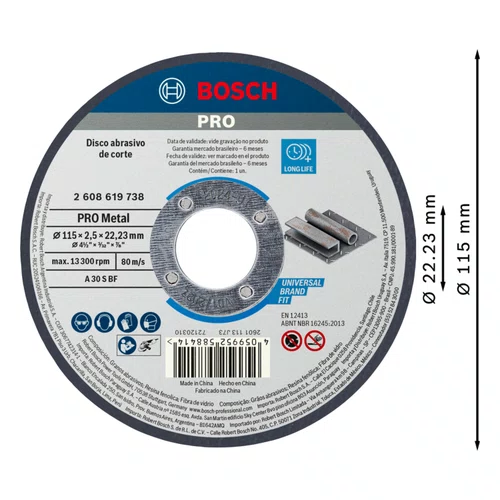 Disco Corte 4.1/2" 115x2,5mmx22,2 Std Metal 2608619738 Bosch