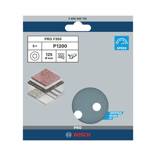 Disco de Lixa Velcro Bosch PRO F355 125mm Grão 1200 com 5 Unidades