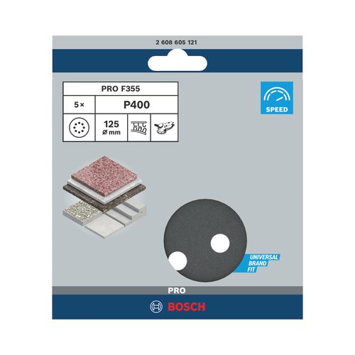Disco de lixa Velcro Bosch PRO F355 125mm Grão 400 com 5 unidades