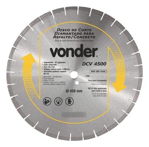 Disco Diamantado Segmentado 450 mm para Asfalto e Concreto DCV 4500 Ref. 1268450025 Vonder
