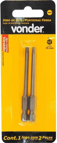 Jogo de Bits Fenda 1/4" x 75 mm com 2 Peças 3538075004 – Vonder