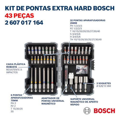 Jogo De Bits e Soquetes Bosch 43pçs Extra Hard
