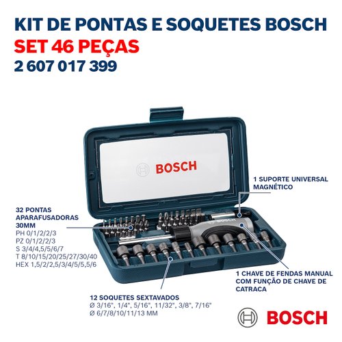 Jogo De Bits e Soquetes Bosch 46 Peças Extra Hard