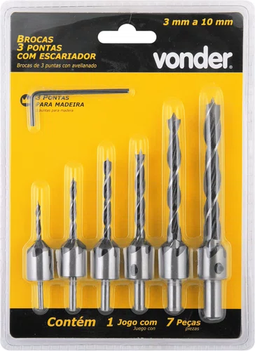 Jogo de Brocas 3 pontas Com Escareador  3,0 a 10,0mm 7 Peças Vonder