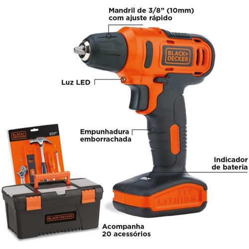 Kit Parafusadeira Furadeira 12v 18 Acessórios + Caixa LD12SA-BR Black & Decker