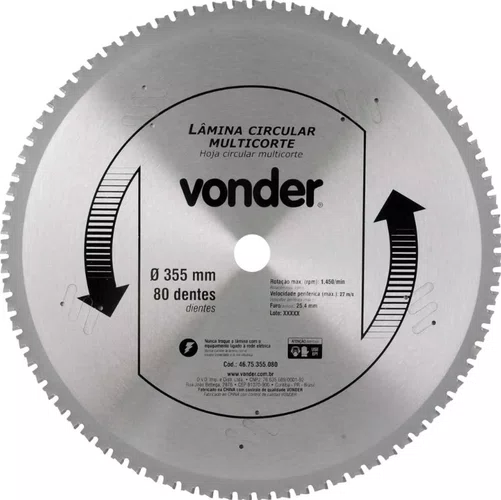 Lâmina Circular Multicorte 355 x 2,2 x 3,0 mm 80 Dentes Vonder