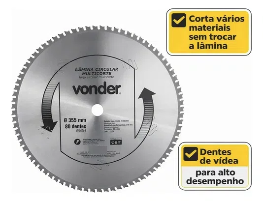 Lâmina Circular Multicorte 355 x 2,2 x 3,0 mm 80 Dentes Vonder