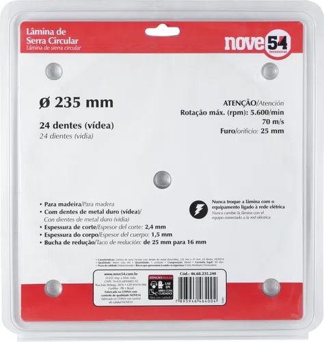 Lâmina Serra Circular Vídea 235 x 25 mm 24 Dentes Modelo 954 Vonder
