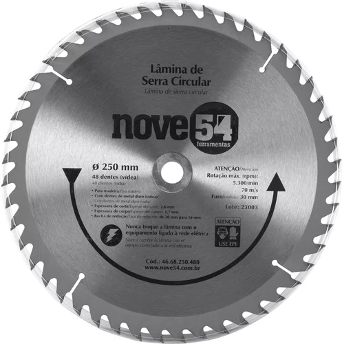 Lâmina de Serra Circular Videa 250x30 mm 48 Dentes Modelo 954 Vonder