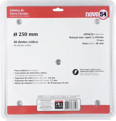 Lâmina de Serra Circular Videa 250x30 mm 48 Dentes Modelo 954 Vonder