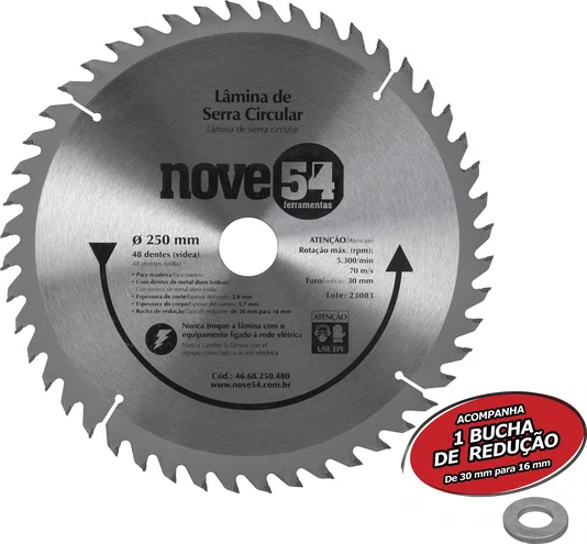 Lâmina de Serra Circular Videa 250x30 mm 48 Dentes Modelo 954 Vonder