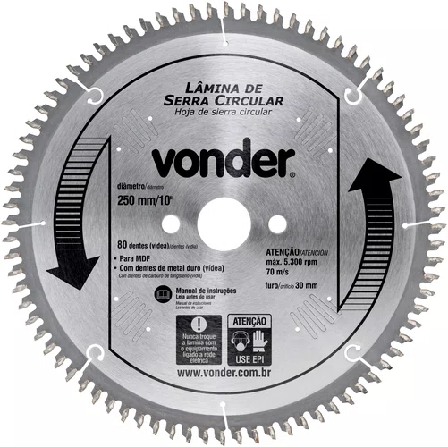 Lâmina de Serra Circular Videa 250x30x80 para MDF Vonder