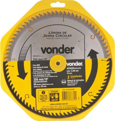 Lâmina de Serra Circular Videa 250x30x80 para MDF Vonder