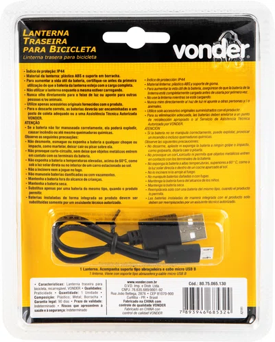 Lanterna Traseira Recarregável para Bicicleta Vonder
