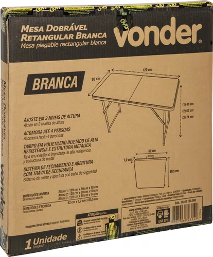 Mesa Plástica Dobrável Retangular 120 cm Branca – Vonder