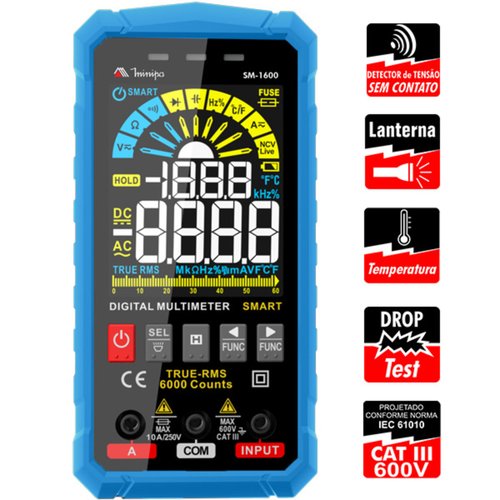Multímetro Digital SM-1600 Minipa CAT III 600V com True RMS, NCV, Lanterna e Medição de Temperatura