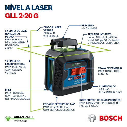 Nível a Laser Bosch 10M GLL 2-20G Verde com Suporte