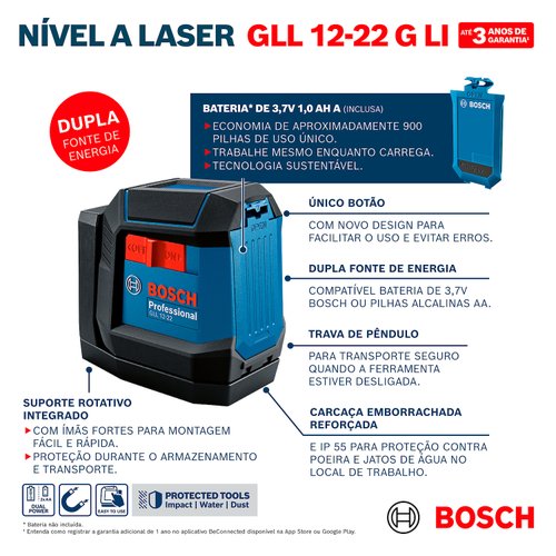 Nível a Laser Bosch 12M GLL 12-22G LI Suporte Giratório com Bateria 3,7V