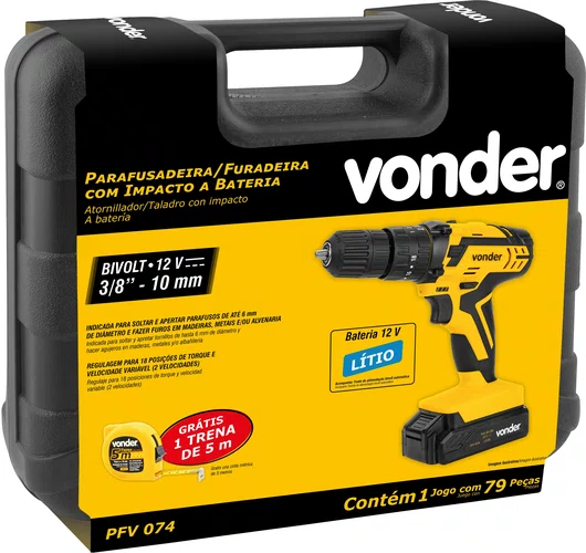 Parafusadeira e Furadeira com Impacto 12V Kit com 74 Peças Vonder