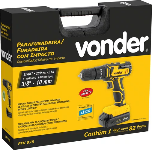 Parafusadeira/Furadeira a Bateria 20V com Impacto Kit 78 Peças Vonder