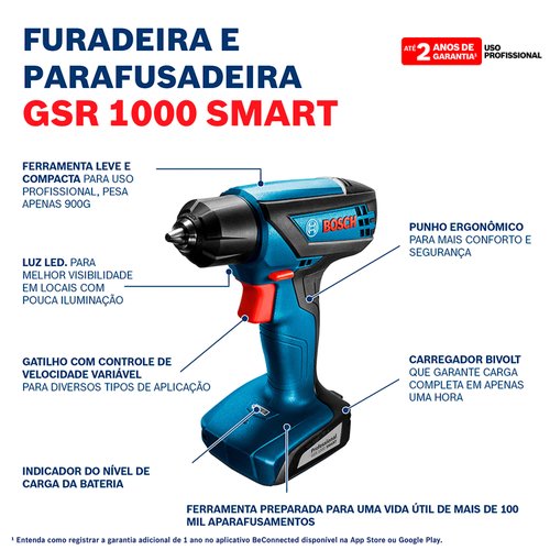 Parafusadeira Furadeira 12V GSR 1000 SMART 06019F40E4 BOSCH