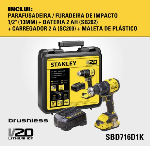 Parafusadeira/Furadeira de Impacto 1/2" 20V MAX Li-Ion Brushless SBD716D1K-BR – STANLEY