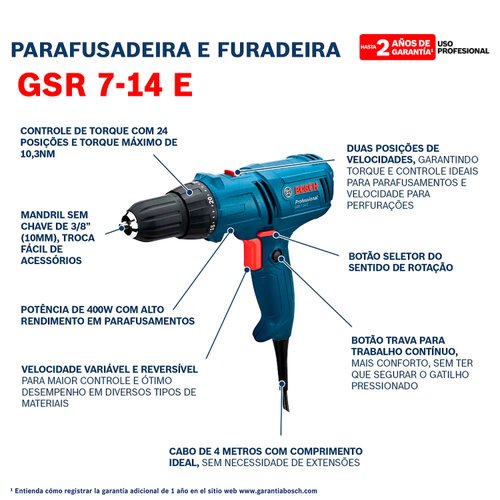 Parafusadeira e Furadeira Bosch GSR 7-14E 400W com Bolsa 220V