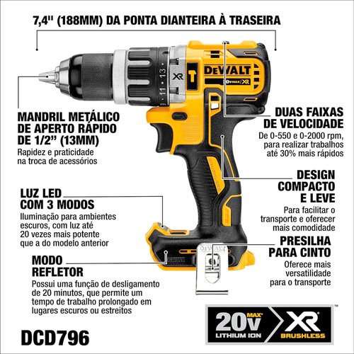 Parafusadeira Furadeira Impacto 1/2" 20v Max Xr Li-Ion DCD796B-B3 DeWalt