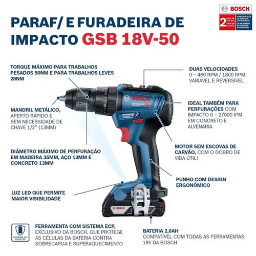 Parafusadeira Furadeira de Impacto 1/2"  GSB 18V-50 18V 06019H51E0 Bosch