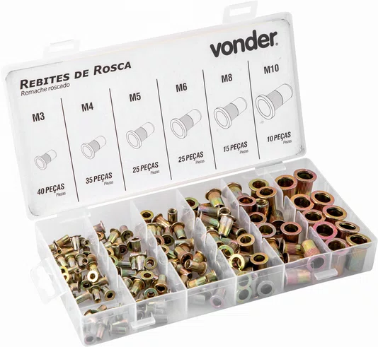 Jogo de Rebites de Rosca Aço Carbono M3 a M10 com 150 Peças – Vonder
