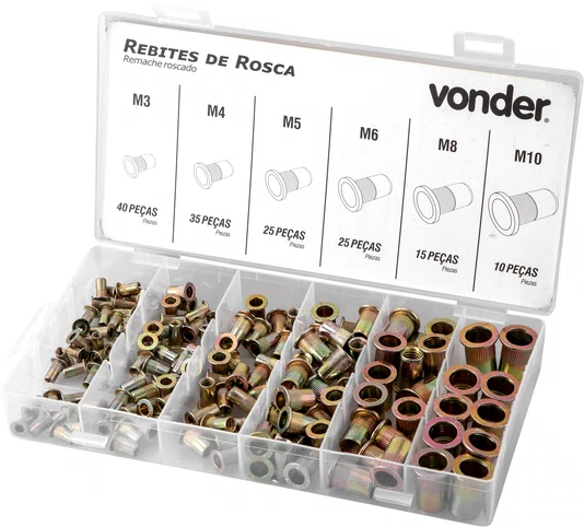 Jogo de Rebites de Rosca Aço Carbono M3 a M10 com 150 Peças – Vonder