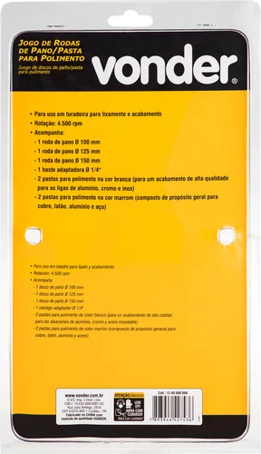 Jogo de Rodas de Pano Poliméricas Vonder 100 mm com Pasta Abrasiva – 8 Peças