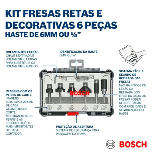 Jogo de Fresas de Aparo e Contorno Standard Encaixe de 1/4" 6 Peças 2607017470 Bosch