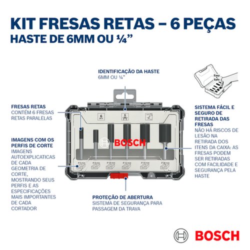 Jogo de Fresas Retas Encaixe de 6mm 6 Peças 2607017465 Bosch
