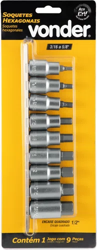 Jogo de Soquetes Hexagonais 1/2" 3/16" a 5/8" 9 Peças Vonder