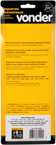 Jogo de Soquetes Hexagonais 1/2" 3/16" a 5/8" 9 Peças Vonder