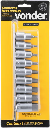 Jogo de Soquetes Hexagonais 1/2" 4 a 17 mmModelo JG 4A17MM 9 Peças Vonder