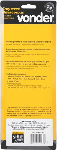 Jogo de Soquetes Hexagonais 1/2" 4 a 17 mmModelo JG 4A17MM 9 Peças Vonder