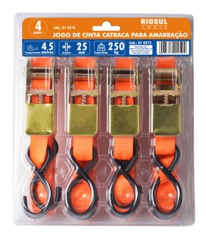 Jogo Cinta Catraca Para Amarração 25mm X 4,5m 250Kg 4 pçs Riosul Tools