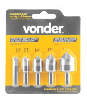 Jogo de Escareadores de Aço Rápido 1/4" a 3/4" com 5 Peças – Vonder