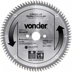 Lâmina de Serra Circular Videa 250x30x80 para MDF Vonder